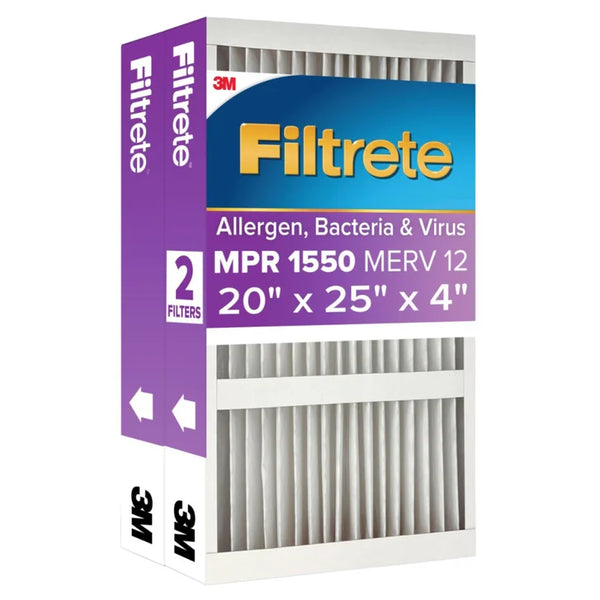 Filtrete Air Filter 4”, MPR 1550 MERV 12, Ultra Allergen, Bacteria, and Virus Deep Pleat Filter, 2-pack 20x25x4 Regular Fit