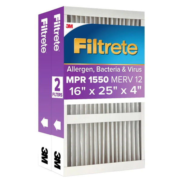 Filtrete Air Filter 4”, MPR 1550 MERV 12, Ultra Allergen, Bacteria, and Virus Deep Pleat Filter, 2-pack 16X25X4 REG