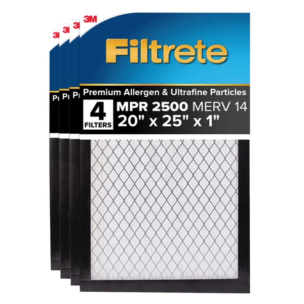 Filtrete Air Filter 1”, MPR 2500 MERV 14, High Performance Premium Allergen, Ultrafine Particles, Bacteria and Virus Filter, 4-pack 20 x 25x 1