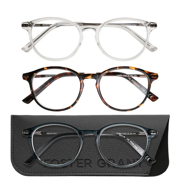 Design Optics by Foster Grant #809 Classic Plastic Round Reading Glasses, 3-pack +2.00