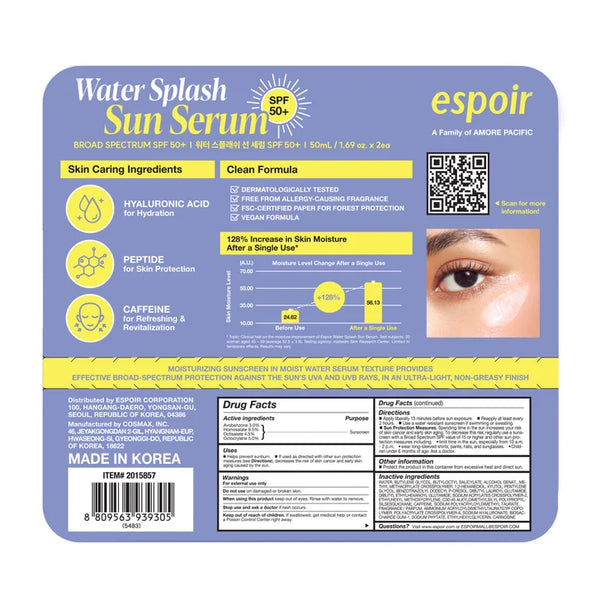 espoir Water Splash Sun Serum Sunscreen SPF 50, 1.69 fl oz, 2-pack