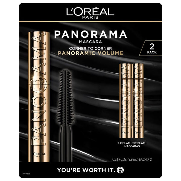 L'Oreal Paris Voluminous Panorama Mascara, Blackest Black, 0.33 FL OZ, 2-Pack
