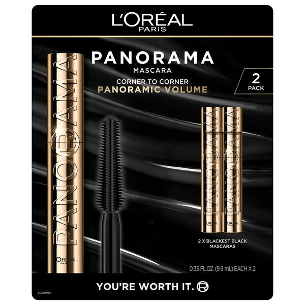 L'Oreal Paris Voluminous Panorama Mascara, Blackest Black, 0.33 FL OZ, 2-Pack