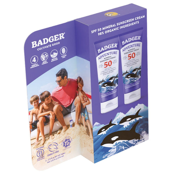 Badger SPF 50 Adventure Mineral Sunscreen Cream, 2-Pack, 2 x 2.9 fl oz
