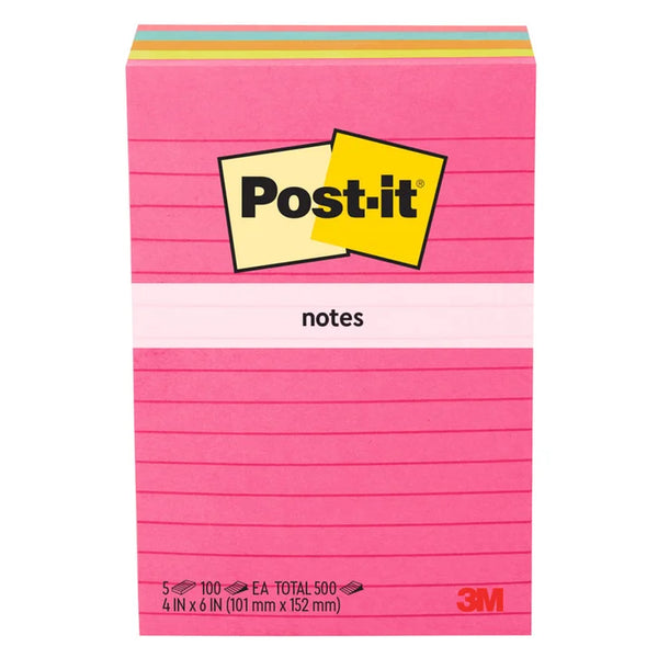 Post-it Notes, 4 in. x 6 in. Assorted Colors, 100 Sheets, 5-pack