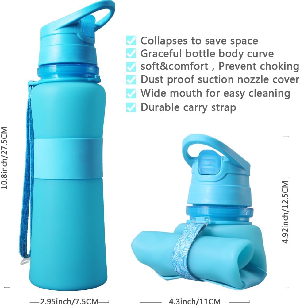 Collapsible Water Bottle,Reusable Leakproof Silicone Foldable Water Bottles for Travel Sports Gym Camping Hiking, BPA Free, 22 oz (BLUE)