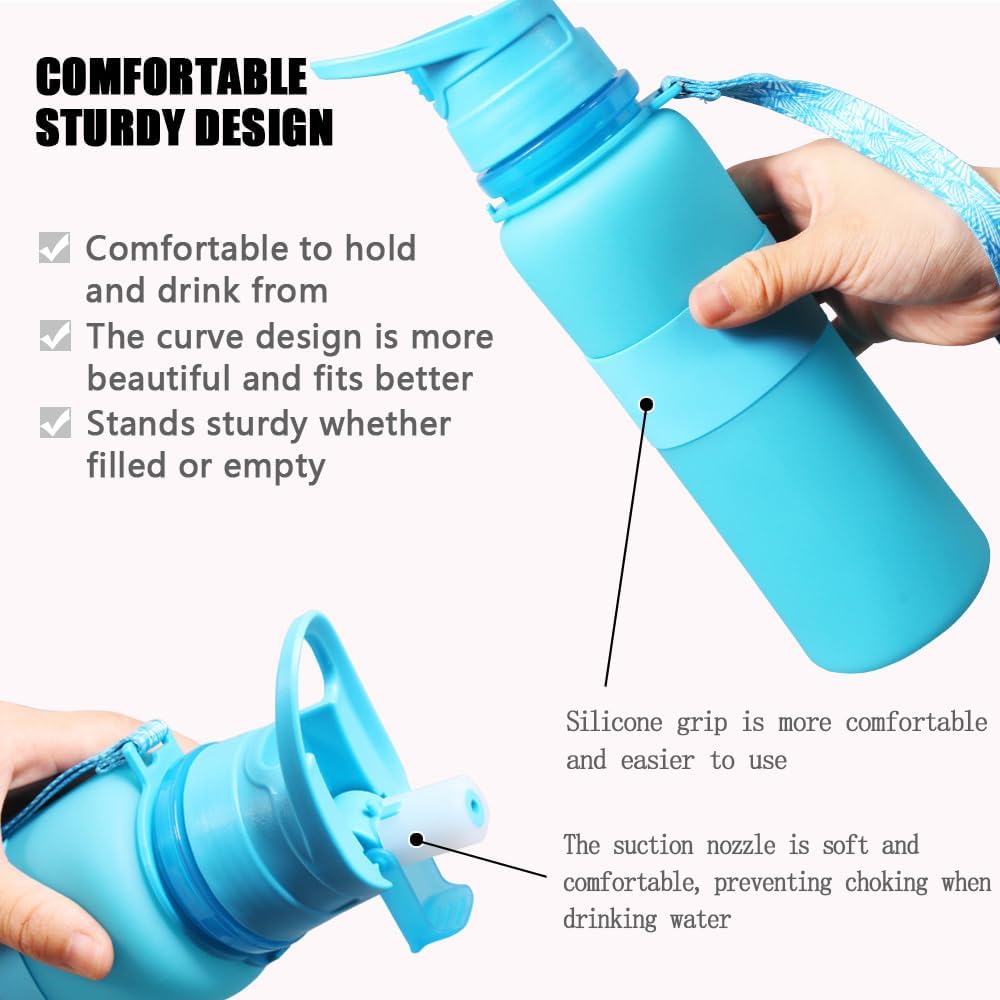 Collapsible Water Bottle,Reusable Leakproof Silicone Foldable Water Bottles for Travel Sports Gym Camping Hiking, BPA Free, 22 oz (BLUE)