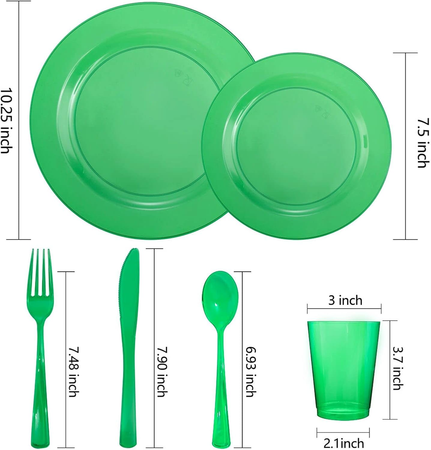 COLOSUS 36 Guests Green Plastic Party Plates and Silverware Disposable Dinnerware set - Clear Green color -Include Dinner Plates Salad Plates Silverware & cups for Party and Dinner