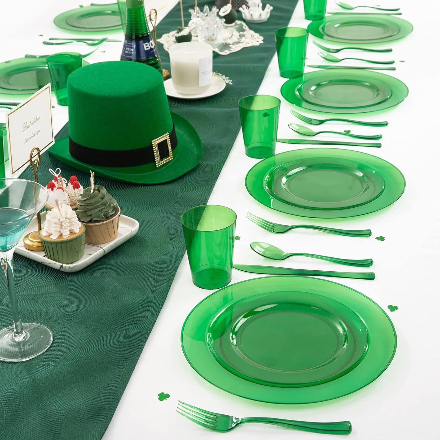 COLOSUS 36 Guests Green Plastic Party Plates and Silverware Disposable Dinnerware set - Clear Green color -Include Dinner Plates Salad Plates Silverware & cups for Party and Dinner