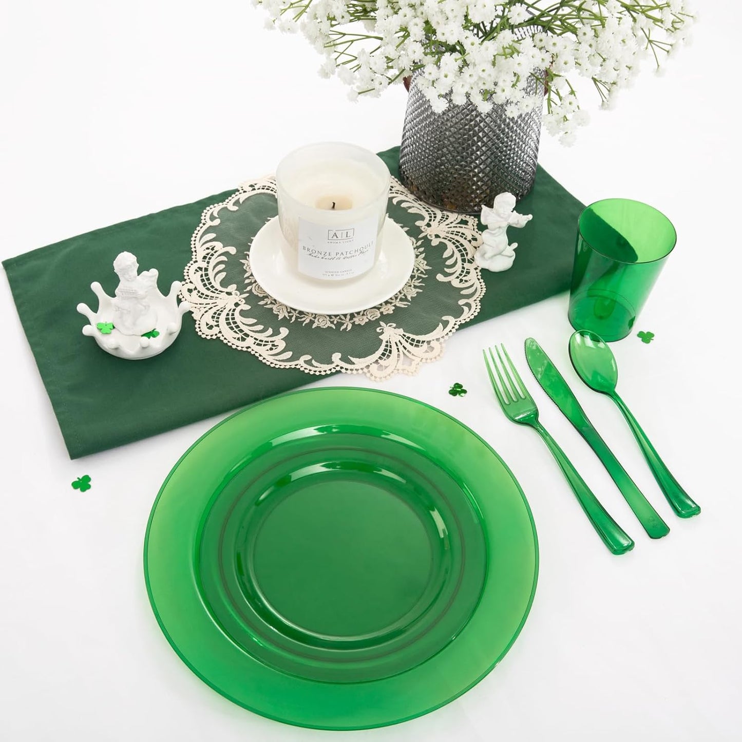 COLOSUS 36 Guests Green Plastic Party Plates and Silverware Disposable Dinnerware set - Clear Green color -Include Dinner Plates Salad Plates Silverware & cups for Party and Dinner