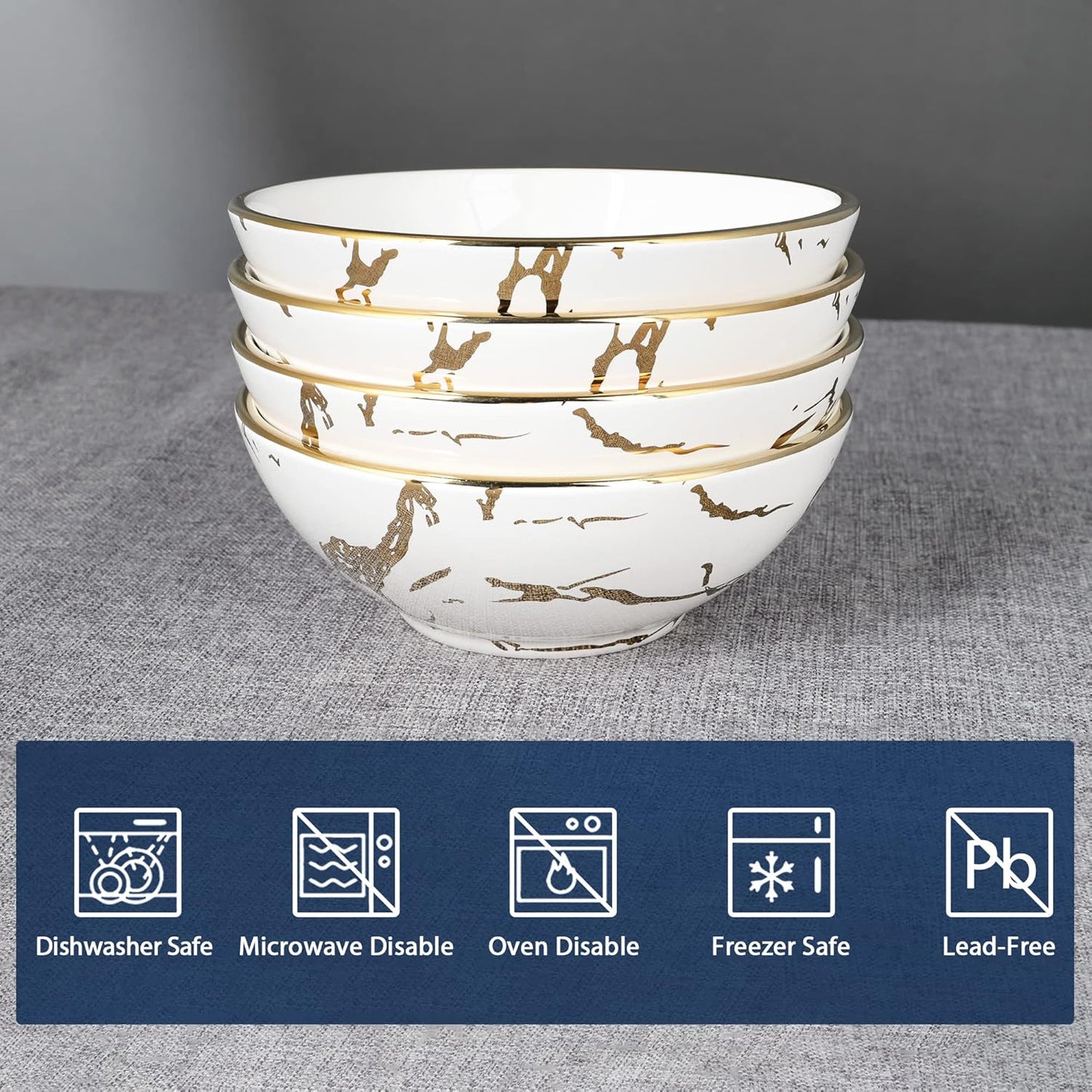 Fanquare Gold Marble Crereal Bowls 24 oz, Porcelain Soup Bowls Set of 4