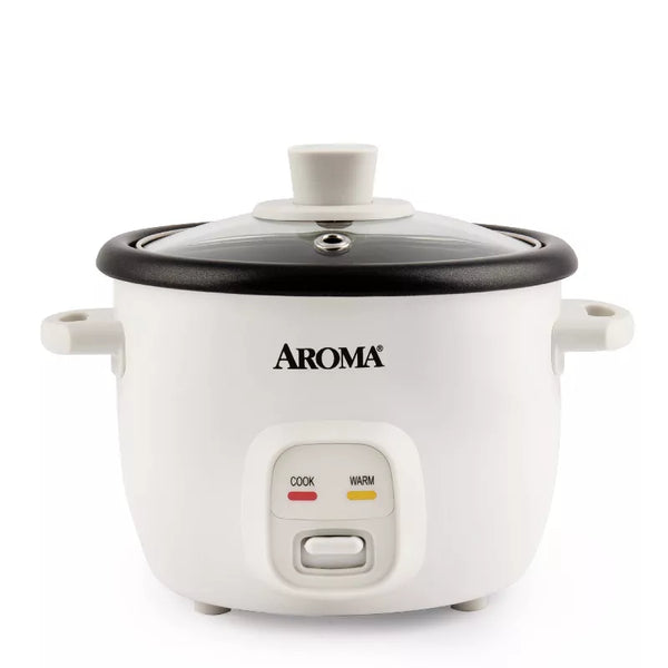 Aroma 4 Cup Pot Style Rice Cooker White: Nonstick, Stay-Cool Handles, 1 Setting, 250W, Includes Glass Lid & Manual