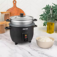 Aroma 6 Cup Rice Cooker with Outer Steam Tray Black
