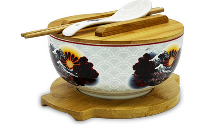 XWORLD Japanese Ceramic Ramen Noodle Bowls Set with Ceramic Spoon, Bamboo Chopsticks, Lid & Trivet, Serving Capacity of 33.8 OZ, Microwavable Oven Safety (3.3” x 6.6” D)