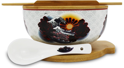 XWORLD Japanese Ceramic Ramen Noodle Bowls Set with Ceramic Spoon, Bamboo Chopsticks, Lid & Trivet, Serving Capacity of 33.8 OZ, Microwavable Oven Safety (3.3” x 6.6” D)