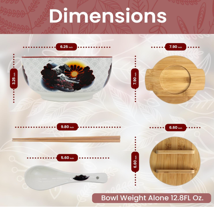 XWORLD Japanese Ceramic Ramen Noodle Bowls Set with Ceramic Spoon, Bamboo Chopsticks, Lid & Trivet, Serving Capacity of 33.8 OZ, Microwavable Oven Safety (3.3” x 6.6” D)