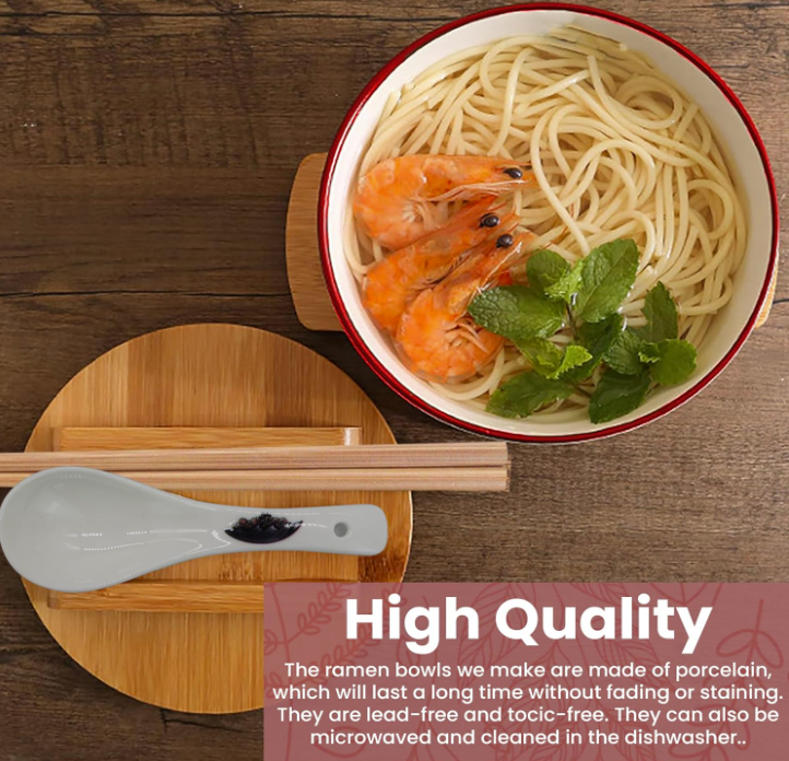 XWORLD Japanese Ceramic Ramen Noodle Bowls Set with Ceramic Spoon, Bamboo Chopsticks, Lid & Trivet, Serving Capacity of 33.8 OZ, Microwavable Oven Safety (3.3” x 6.6” D)