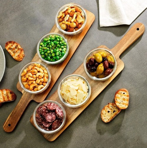 Home Essentials Serving Set 8 Pieces 2 Acacia Serving Boards with 6 Glass Bowls